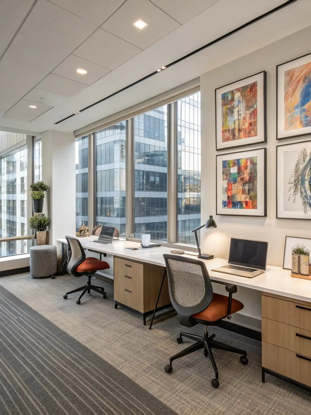 A photograph of a newly constructed commercial office space, featuring an open floor plan, modern lighting, and collaborative workspaces.