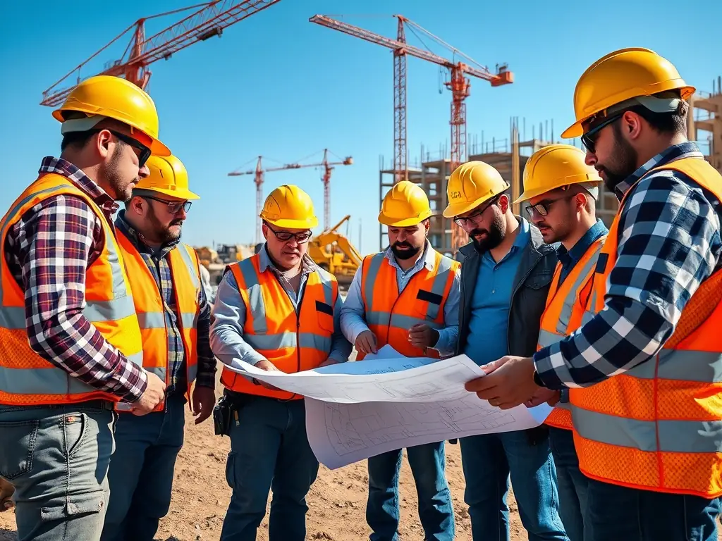 A team of construction workers collaborating on a project site, emphasizing Vision Construction & Elevation's commitment to teamwork and quality workmanship.