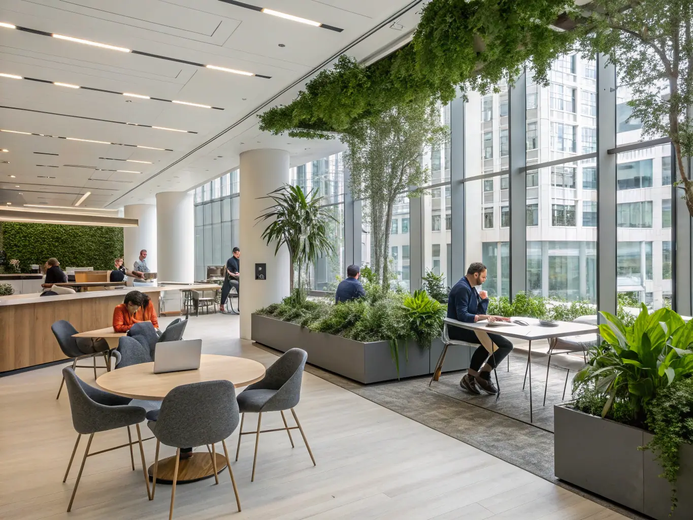 A modern office space with an open layout, collaborative workspaces, and stylish finishes, reflecting Vision Construction & Elevation's capabilities in commercial construction.
